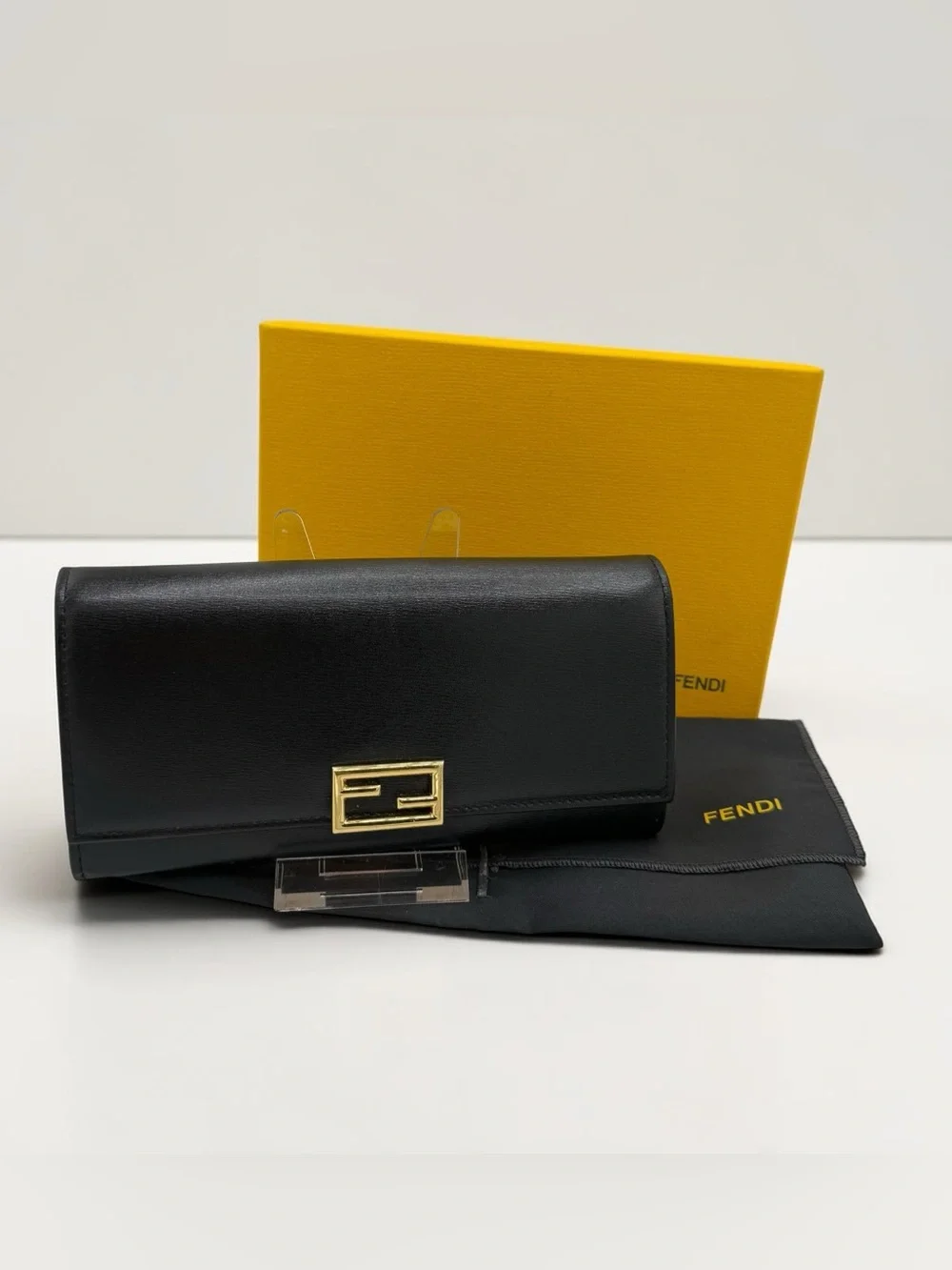 Fendi Baguette Black Leather Continental Wallet with Gold FF Lock